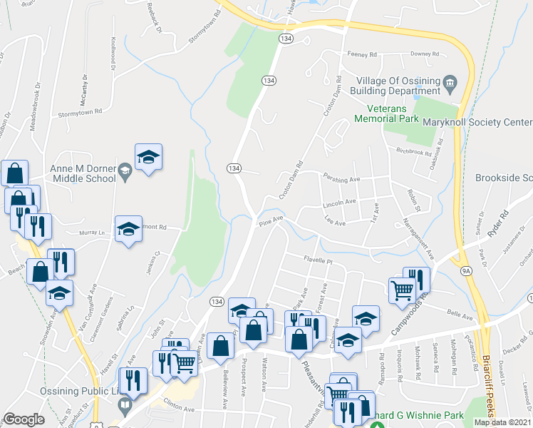 map of restaurants, bars, coffee shops, grocery stores, and more near 7 Pine Avenue in Ossining