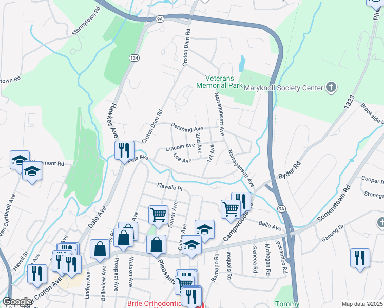 map of restaurants, bars, coffee shops, grocery stores, and more near 8 3rd Avenue in Ossining