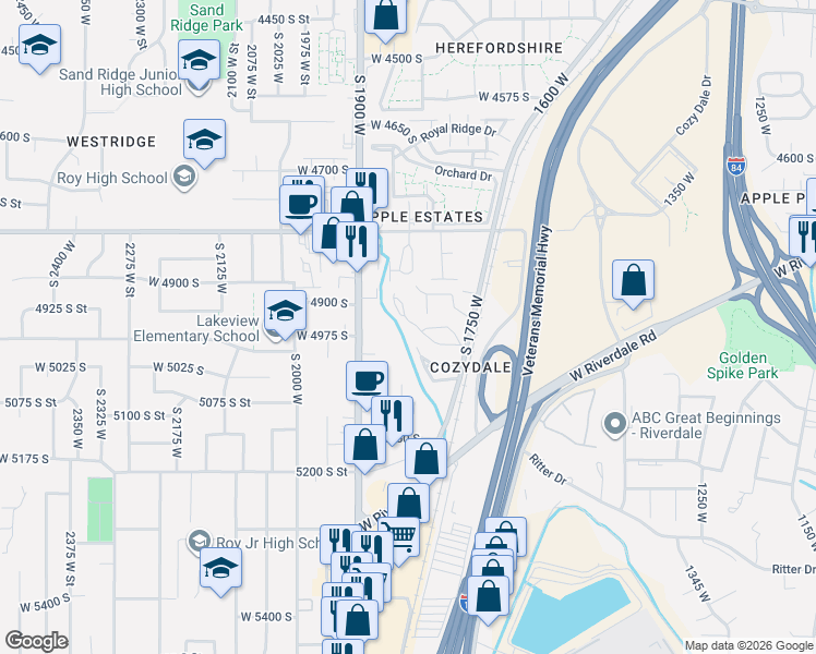 map of restaurants, bars, coffee shops, grocery stores, and more near 1833 West 5050 South in Roy