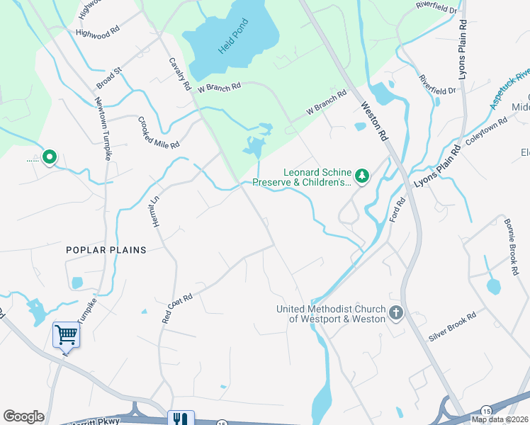 map of restaurants, bars, coffee shops, grocery stores, and more near 30 Cavalry Road in Westport