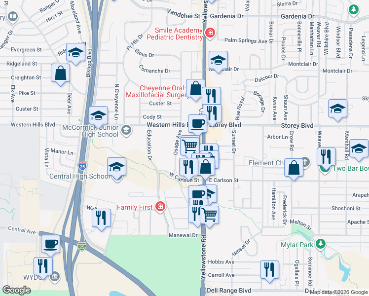 map of restaurants, bars, coffee shops, grocery stores, and more near 147 Brookfield Court in Cheyenne