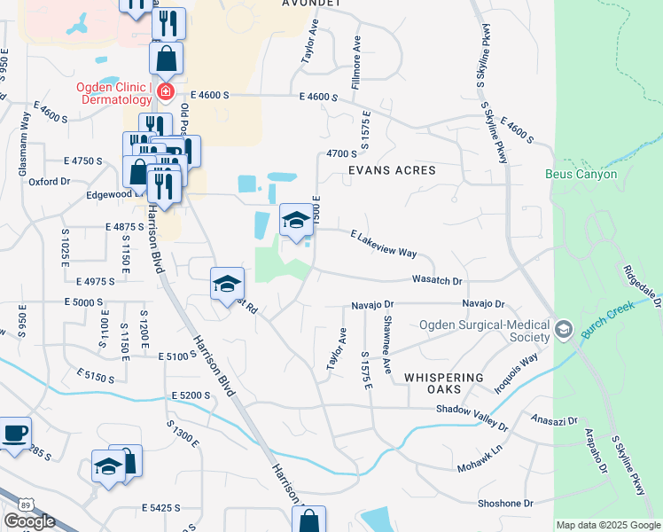 map of restaurants, bars, coffee shops, grocery stores, and more near 1506 Wasatch Dr in Ogden