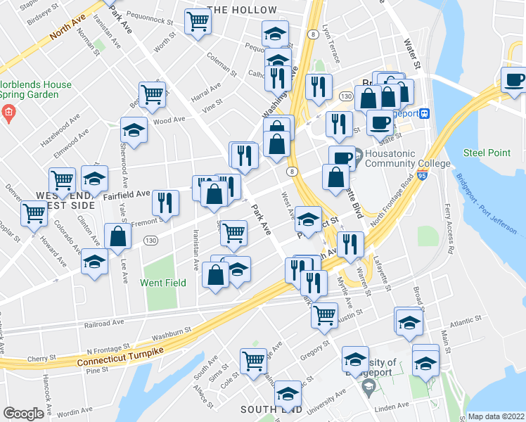 map of restaurants, bars, coffee shops, grocery stores, and more near 850 Park Avenue in Bridgeport
