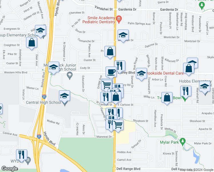 map of restaurants, bars, coffee shops, grocery stores, and more near 147 Brookfield Court in Cheyenne