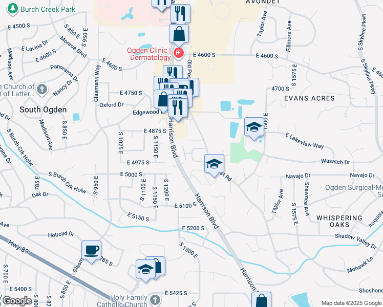 map of restaurants, bars, coffee shops, grocery stores, and more near 4935 Old Post Road in Ogden