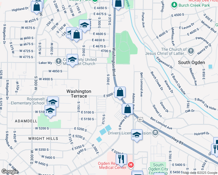 map of restaurants, bars, coffee shops, grocery stores, and more near 4960 South 350 East in Washington Terrace