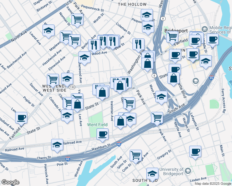 map of restaurants, bars, coffee shops, grocery stores, and more near 812 State Street in Bridgeport