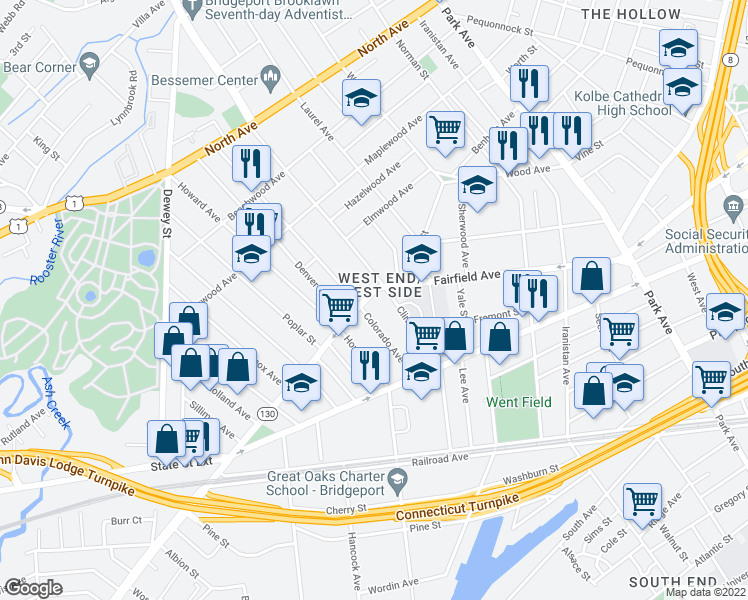 map of restaurants, bars, coffee shops, grocery stores, and more near in Bridgeport