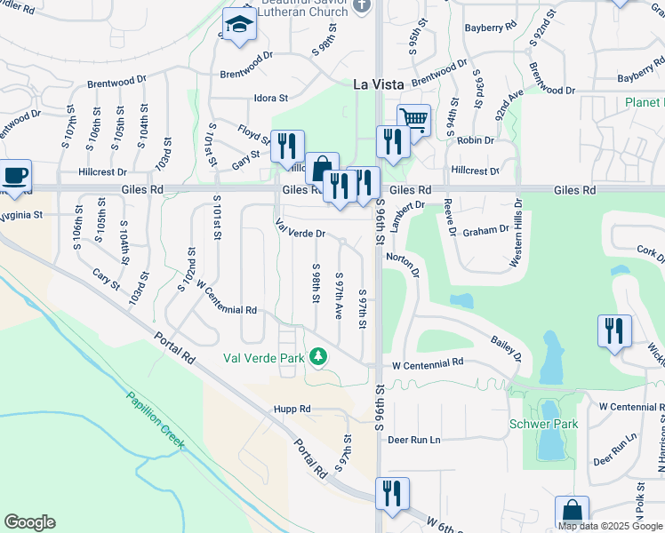map of restaurants, bars, coffee shops, grocery stores, and more near 8604 South 97th Avenue in La Vista