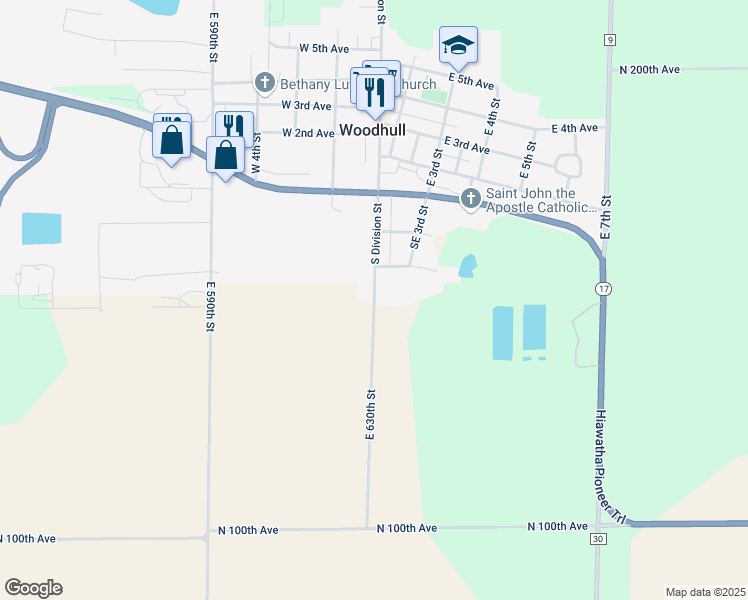 map of restaurants, bars, coffee shops, grocery stores, and more near 377 Division St in Woodhull