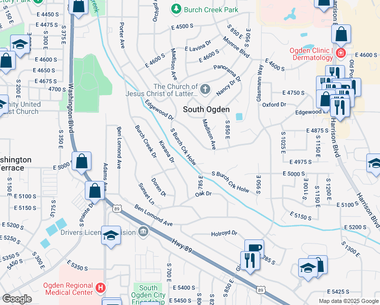 map of restaurants, bars, coffee shops, grocery stores, and more near 4950 East Burch Creek Hollow in Ogden