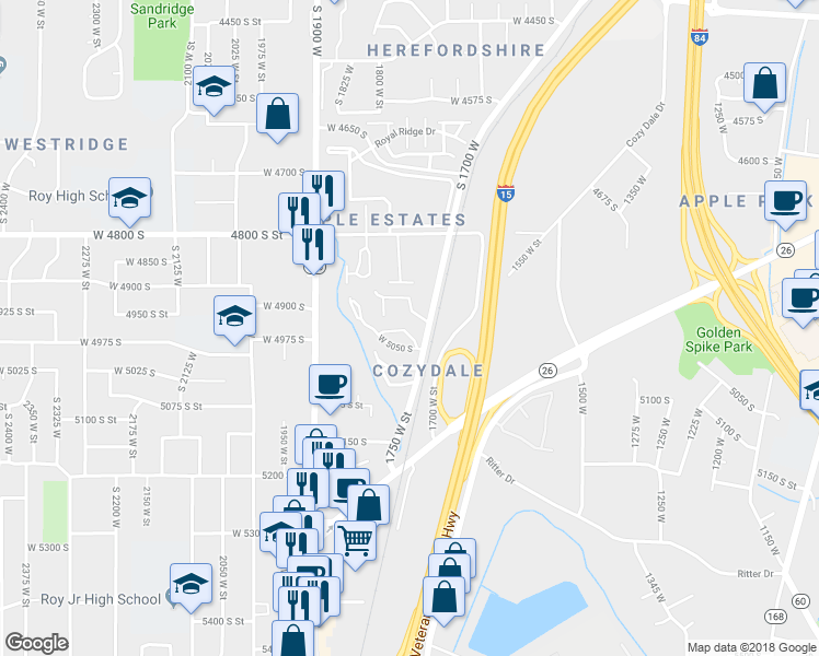 map of restaurants, bars, coffee shops, grocery stores, and more near 1774 West 5025 South in Roy