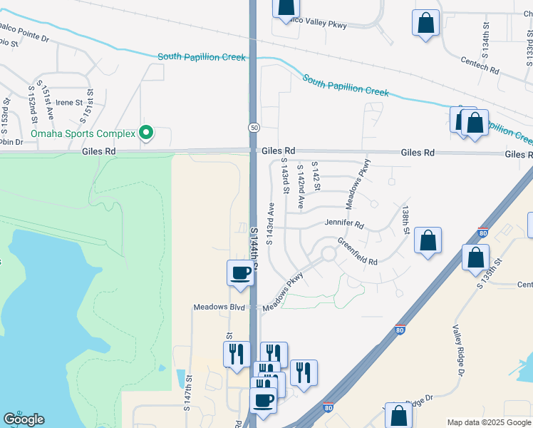 map of restaurants, bars, coffee shops, grocery stores, and more near 8652 South 143rd Avenue in Omaha