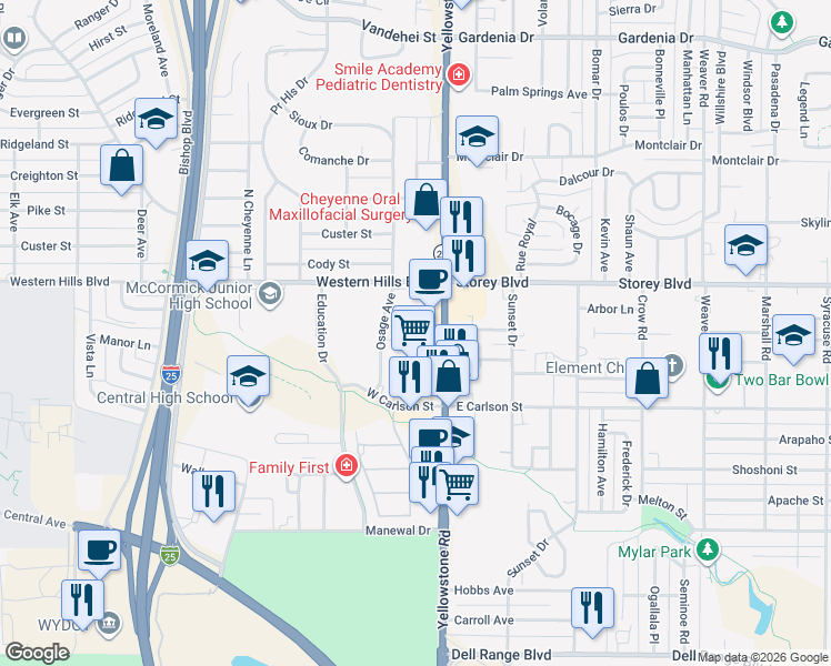 map of restaurants, bars, coffee shops, grocery stores, and more near 139 Brookfield Court in Cheyenne
