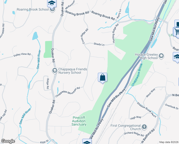 map of restaurants, bars, coffee shops, grocery stores, and more near 11 Morning View Court in Chappaqua