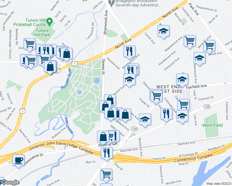 map of restaurants, bars, coffee shops, grocery stores, and more near 969 Maplewood Avenue in Bridgeport