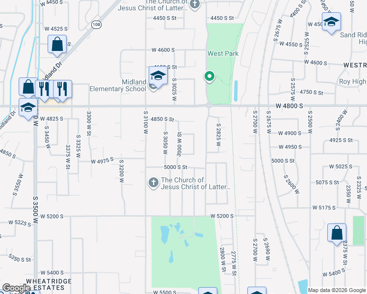 map of restaurants, bars, coffee shops, grocery stores, and more near 4938 3000 West Street in Roy