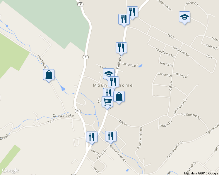 map of restaurants, bars, coffee shops, grocery stores, and more near Playhouse Ln in Mountainhome