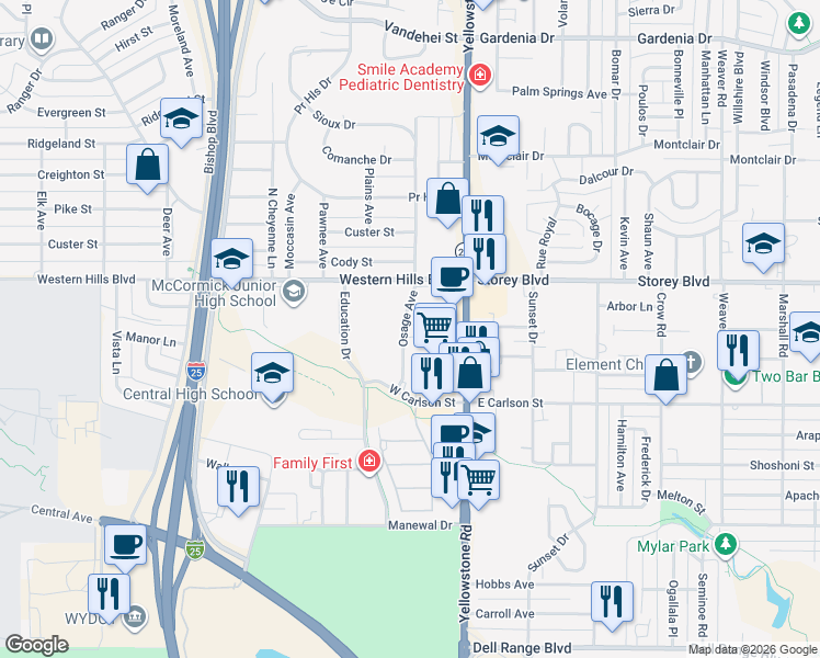 map of restaurants, bars, coffee shops, grocery stores, and more near 155 Brookfield Court in Cheyenne