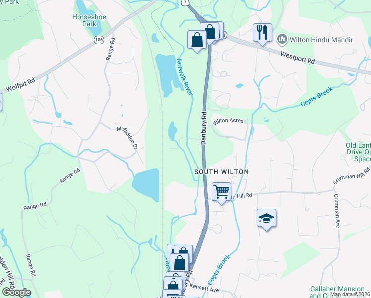 map of restaurants, bars, coffee shops, grocery stores, and more near 91 Danbury Road in Wilton