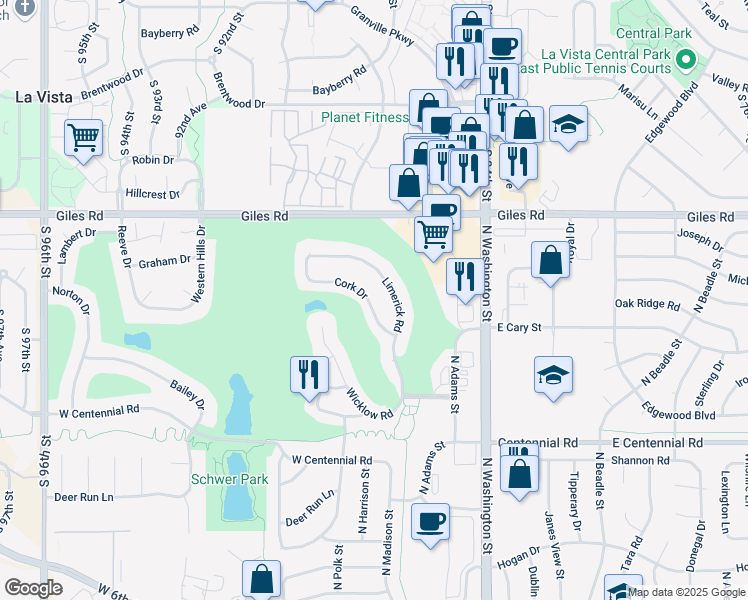 map of restaurants, bars, coffee shops, grocery stores, and more near 1211 Cork Dr in Papillion