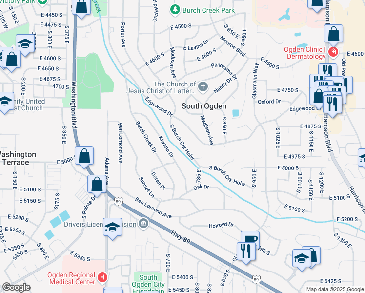 map of restaurants, bars, coffee shops, grocery stores, and more near 4950 East Burch Creek Hollow in Ogden