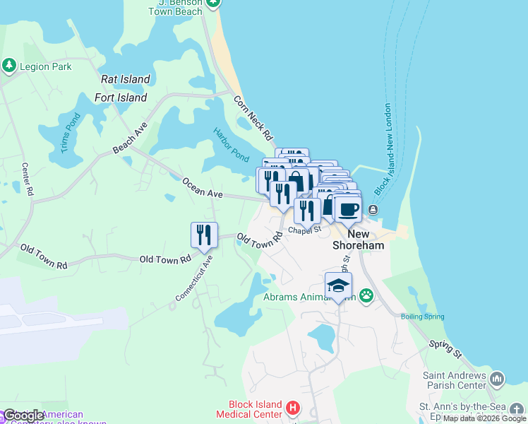 map of restaurants, bars, coffee shops, grocery stores, and more near 33 Ocean Avenue in New Shoreham