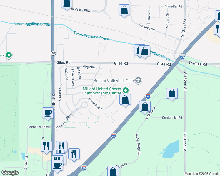 map of restaurants, bars, coffee shops, grocery stores, and more near 13906 Jennifer Road in Omaha