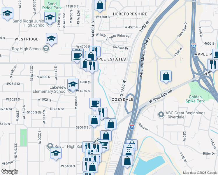 map of restaurants, bars, coffee shops, grocery stores, and more near 1818 W 5050 S in Roy