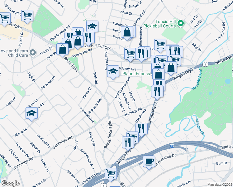 map of restaurants, bars, coffee shops, grocery stores, and more near 758 Old Stratfield Road in Fairfield