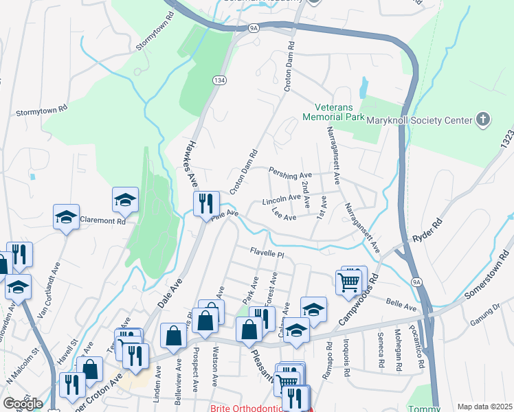 map of restaurants, bars, coffee shops, grocery stores, and more near 56 Lincoln Avenue in Ossining