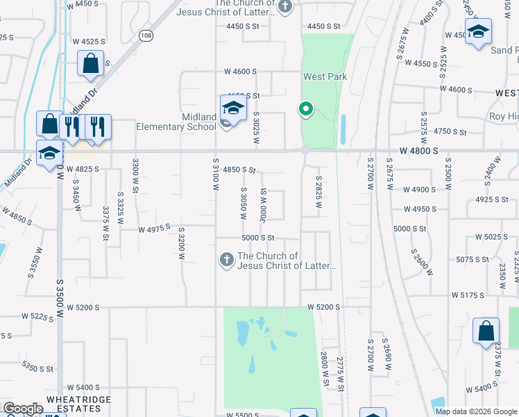 map of restaurants, bars, coffee shops, grocery stores, and more near 4938 3000 West Street in Roy