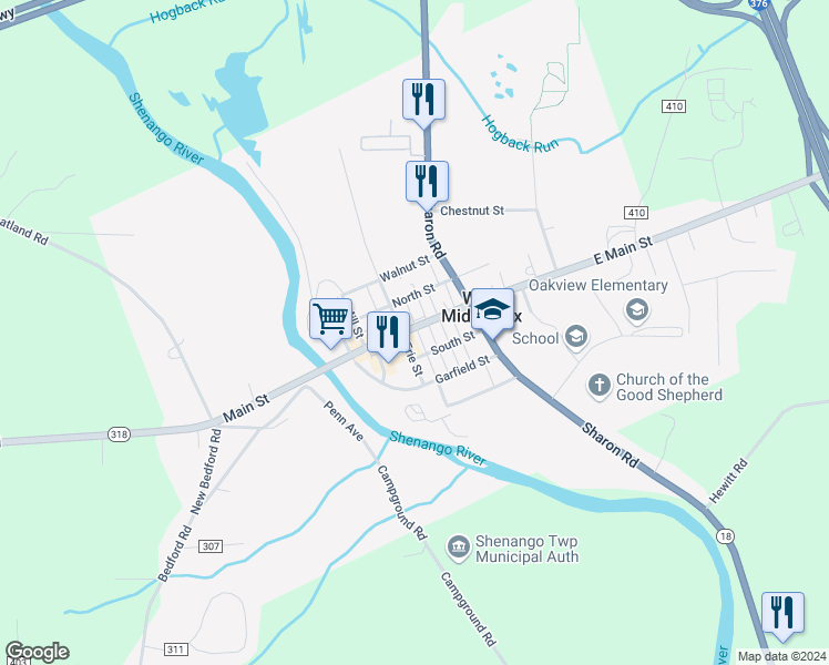 map of restaurants, bars, coffee shops, grocery stores, and more near 3143 Main Street in West Middlesex