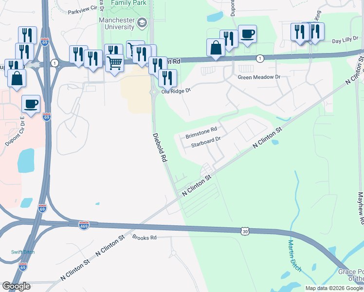 map of restaurants, bars, coffee shops, grocery stores, and more near 9800-9898 Foraker Drive in Fort Wayne