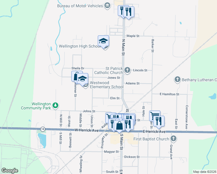 map of restaurants, bars, coffee shops, grocery stores, and more near 134 Vine Street in Wellington