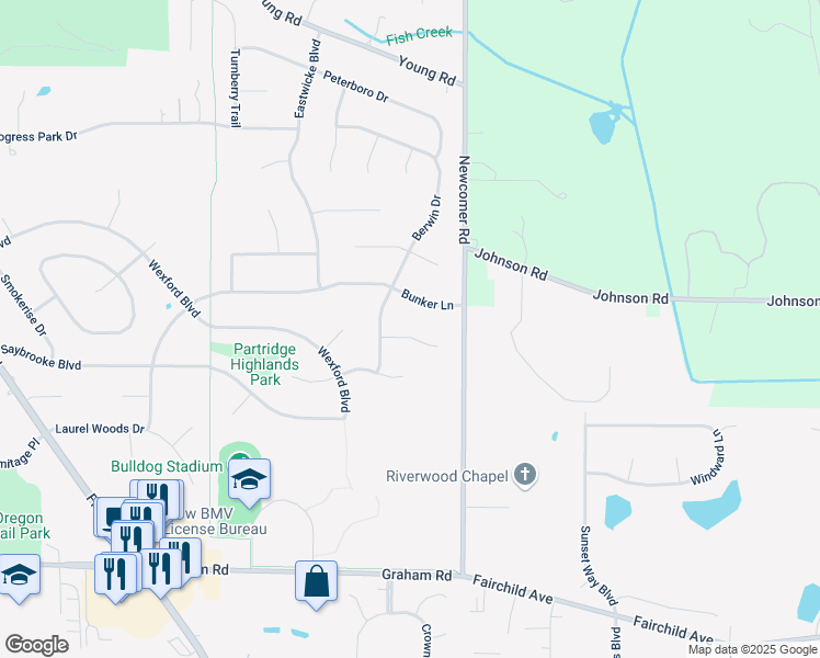 map of restaurants, bars, coffee shops, grocery stores, and more near 3033 Berkeley Place in Stow