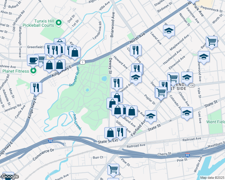 map of restaurants, bars, coffee shops, grocery stores, and more near 341 Lenox Avenue in Bridgeport