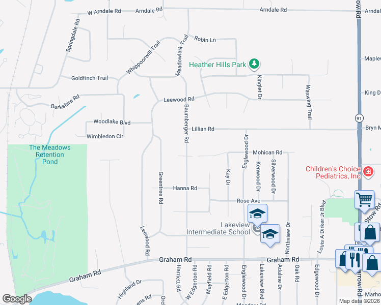 map of restaurants, bars, coffee shops, grocery stores, and more near 3839 Baumberger Road in Stow