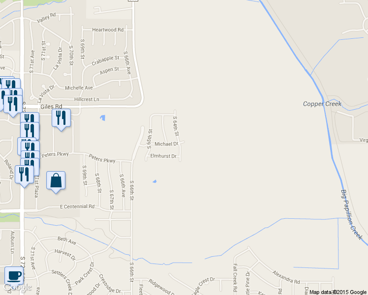 map of restaurants, bars, coffee shops, grocery stores, and more near 8505 South 64th Street in Omaha