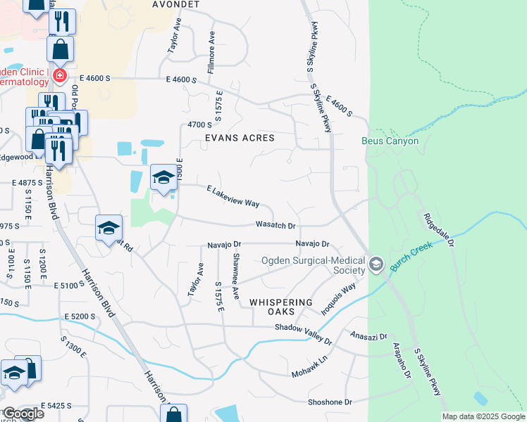 map of restaurants, bars, coffee shops, grocery stores, and more near 1681 East Lakeview Way in Ogden