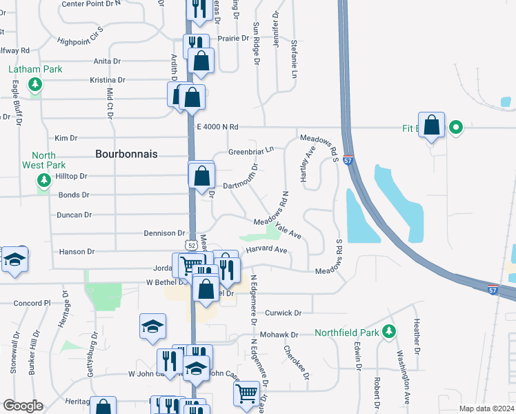 map of restaurants, bars, coffee shops, grocery stores, and more near 1145 Yale Avenue in Bourbonnais