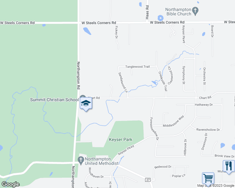 map of restaurants, bars, coffee shops, grocery stores, and more near 619 Chart Road in Cuyahoga Falls
