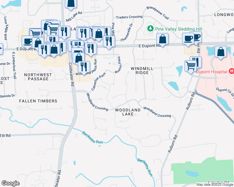 map of restaurants, bars, coffee shops, grocery stores, and more near 1411 Latimer Court in Fort Wayne