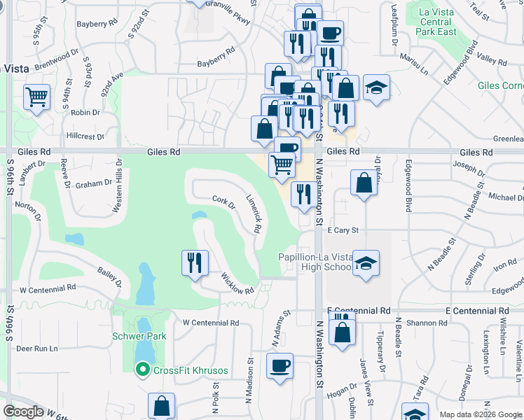 map of restaurants, bars, coffee shops, grocery stores, and more near 1213 Limerick Road in Papillion