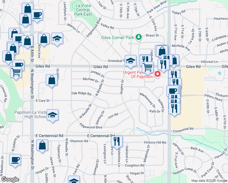 map of restaurants, bars, coffee shops, grocery stores, and more near 904 Elmhurst Drive in Papillion