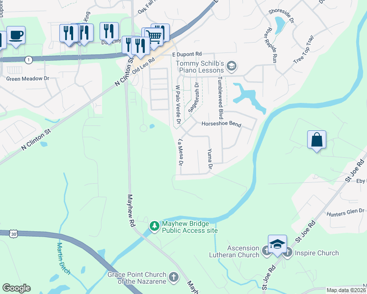 map of restaurants, bars, coffee shops, grocery stores, and more near 9734 La Mesa Drive in Fort Wayne