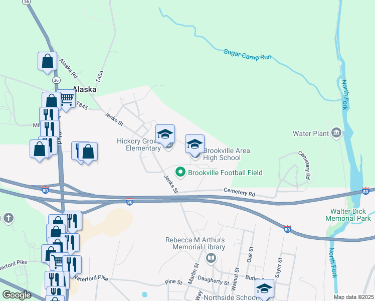 map of restaurants, bars, coffee shops, grocery stores, and more near 96 Jenks Street in Brookville