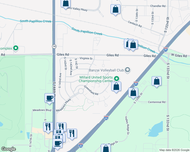map of restaurants, bars, coffee shops, grocery stores, and more near 13911 Lisa Circle in Omaha