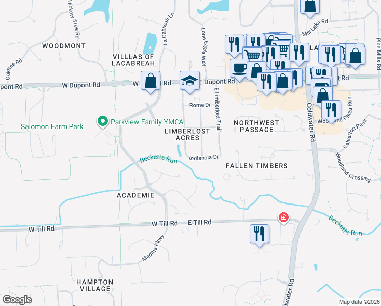 map of restaurants, bars, coffee shops, grocery stores, and more near 9910 Nottawa Trail in Fort Wayne