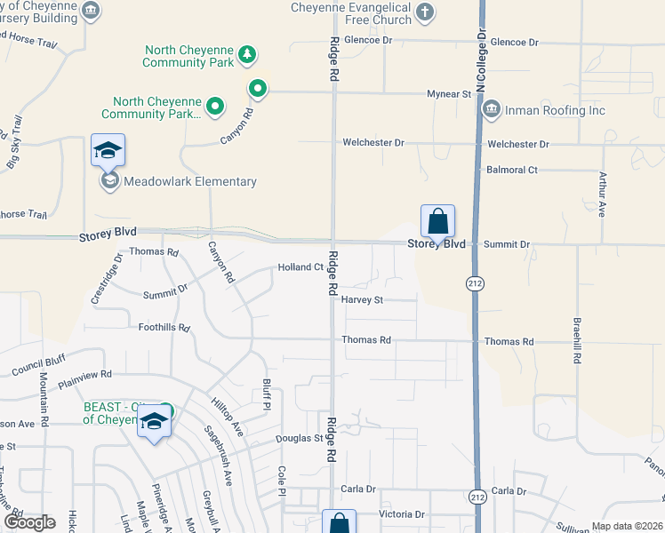 map of restaurants, bars, coffee shops, grocery stores, and more near 3399 Holland Ct in Cheyenne